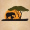 Vector illustration of wild elephants family in African sunset savanna with trees.