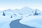 Vector illustration: Winter Christmas snowy Mountains landscape with road, pines and hills