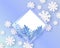 Vector illustration of winter natural banner with blue plant leaves, blank rhombus shape and snowflakes.