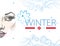 Vector illustration with winter sale in blue and red, swirls, snowflakes and half dotted girl face on white background.