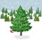 Vector illustration of a winter snow covered forest clearing with a large beautiful fir tree in the foreground