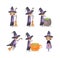 Vector illustration of witch flying, with broom, near cauldron. Set of cute, little magician. Character design