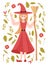 Vector illustration with a witch in a red dress with a broom smiling. Clip art for halloween poster, attachment, banner,
