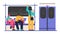 Vector illustration of woman and black man are sitting and talking, guy is looking in smartphone in the subway train