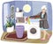 Vector illustration of woman with clothes in a basin standing near washing machine