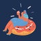 Vector illustration of woman greedily eats big peace of cake in the night and lay on big donut over dark backround