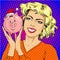 Vector Illustration of woman holding piggy bank, pop art style