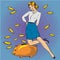 Vector illustration of woman and piggy bank, pop art style