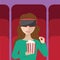 Vector illustration of a woman sitting in the auditorium and watching movie with virtual reality glasses. - VR