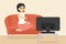 Vector illustration of woman sitting on couch watching TV. Young adult girl on sofa in front of television screen in