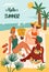 Vector illustration of woman in swimsuit on tropical beach. Summer holliday, vacation, travel.