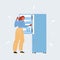 Vector illustration of woman use Fridge. Woman take Refrigerator. Girl pulls an apple out of the fridge on white