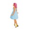Vector Illustration of a Woman with Wavy Pink Hair Dancing, Wearing a Blue Summer Dress and Yellow Heels