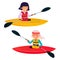 Vector illustration of women with gray and black hair floats on a kayak in cartoon style. Young or old woman canoeing and paddle