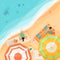 Vector illustration of women lying and relaxing on the beach near the ocean from above. Summer beach top view.