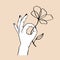 Vector illustration of women`s hand holding flower. Trendy linear and minimal boho tattoo style for logo, emblem