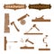 Vector illustration wood work hand tools silhouette set with shown working process and sign boards with words Handwork