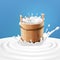 Vector illustration of a wooden bucket with milk standing in the center of a dairy splash.