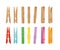 Vector illustration of wooden and clothespin collection on white background. Clothespins in different bright colors and