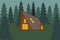 Vector illustration of wooden A-frame house in rustic style in forest at dawn among fir trees in summer. Domestic tourism