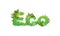 Vector illustration of word Eco with capital letters stylized as a rainforest, with green branches, leaves, grass and