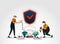 Vector illustration. workers from security companies are checking or maintaining security systems on a router. wireless security s