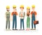 Vector illustration of workers team, engineers and builders dressed in protective vests and helmets. Workers in cartoon