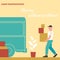 Vector illustration working man carries boxes in a truck, moving to a new house, moving office, courier delivery