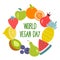 Vector Illustration of world vegetarian day. Lettering in the center of a circle of different bright, juicy fruits and berries on
