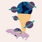 Vector illustration with yellow and blue ice cream and purple planets