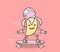 Vector illustration of yellow color smile banana in helmet riding skateboard on pink background. Skateboarding cartoon banana con
