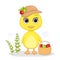 Vector illustration of a yellow duckling, a chicken and a basket of apples.