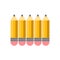 Vector illustration. Yellow Wooden sharp pencils with rubber isolated on white background. Classic shiny yellow pencil