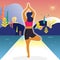 Vector illustration - yoga girl. Fitness characters on park landscape background. Exercise people healthy life. Banner, site,