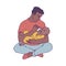 Vector illustration of young african father holding his child in arms and feeding him.