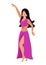 Vector illustration with a young beautiful brunette who performs belly dance in a traditional costume with decorations. Pink dress