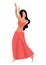 Vector illustration with a young beautiful brunette who performs belly dance in a traditional costume with decorations. Pink dress