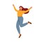 Vector illustration of young Caucasian woman jumping from joy and happiness with hand up in the air. Success goal achievement