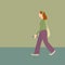 Vector illustration of young Caucasian woman in purple pants green shirt carrying canvas shoulder bag holding smartphone in hand