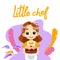 Vector Illustration Of Young Female Character Wearing Apron. Little Chef Writing And Cartoon Child Cook Holding