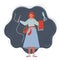 Vector illustration of Young female dressmaker tailor. holds a pair of tailor`s scissors and a needle and thread on dark