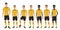 Vector illustration of the young football players team with coach trainer wearing the uniform. Soccer team.