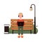 Vector illustration of young freelancer working with laptop in public park sitting on bench in headphones.