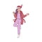 Vector illustration of young girl in home pajama with bathrobe and red Santa Claus hat jumping and dancing.