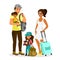 Vector illustration of young happy family with kids traveling. Father, mother, son and daughter together stand with bags