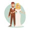 Vector illustration of young happy Just married couple newlyweds bride and groom.