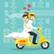 Vector illustration of young happy newlyweds bride and groom