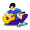 Vector illustration. young man - boy, teenager - play on guitar. University students. Students sitting on grass. Friends