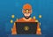 Vector illustration of young man miner in hardhat sitting at laptop and mining bitcoin cryptocurrency.