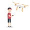 Vector illustration of young man with quadrocopter or dron
